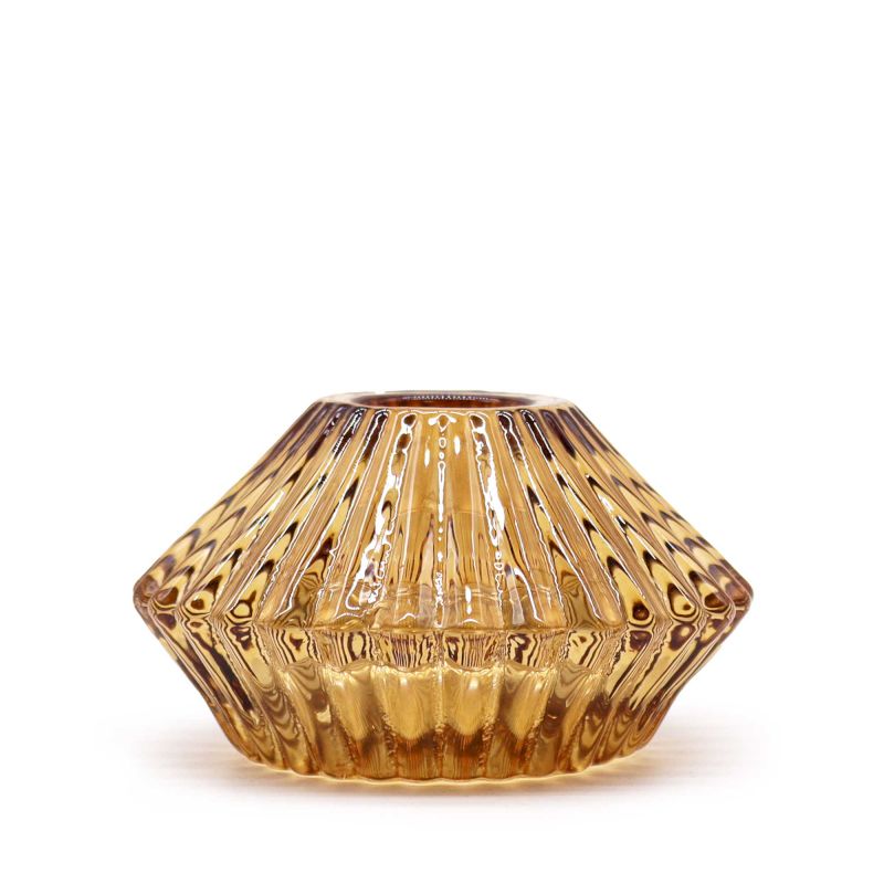 Flower Flip Dinner Candle / Tealight Holder in antique amber, ribbed glass shown from the front