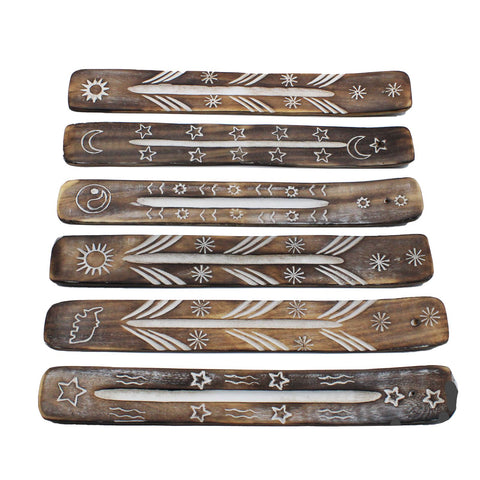 White Washed Incense Holder, Simple, six brown holders with white celestial and line designs, viewed from above
