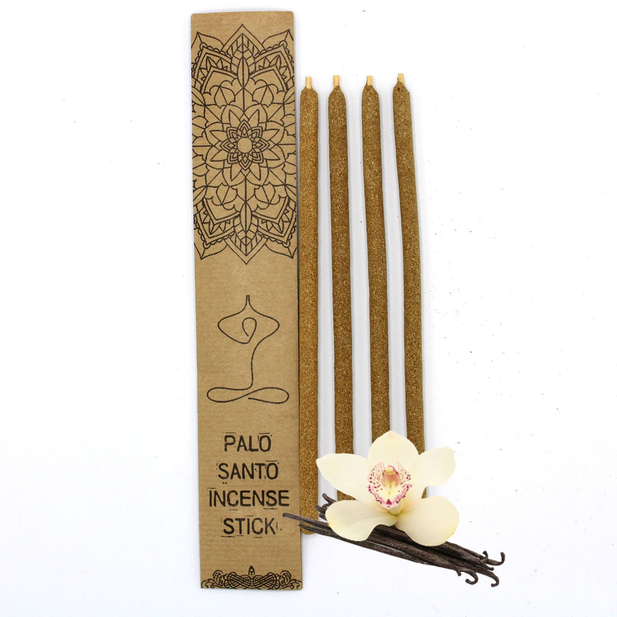 Palo Santo Large Incense Sticks, Vanilla beside a brown illustrated packet and white flower