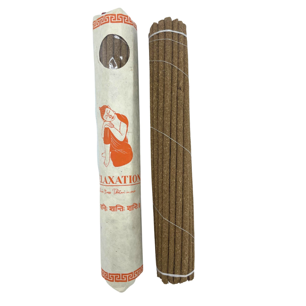 Rolled Pack of 30 Premium Tibetan Incense, Relaxing, cream printed wrap beside brown sticks