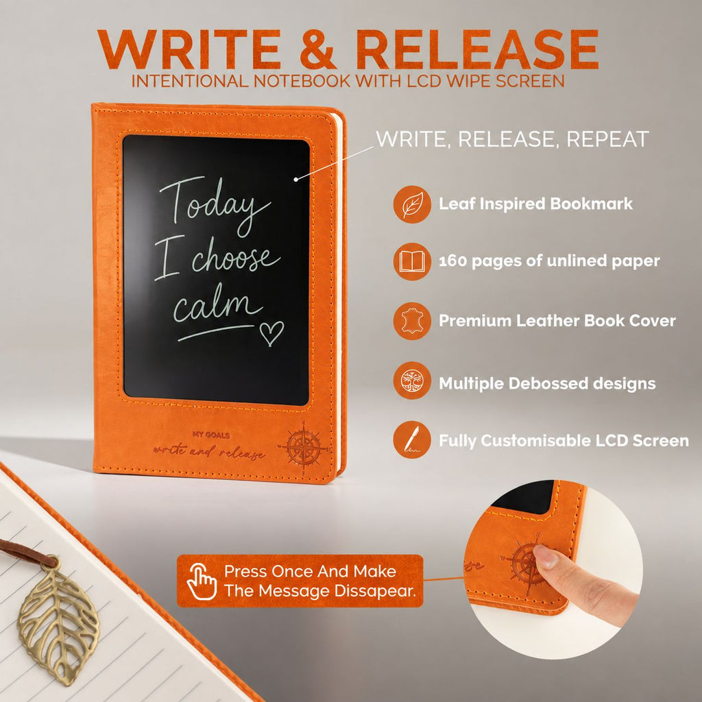 Orange intention notebook shown with its LCD screen and feature text