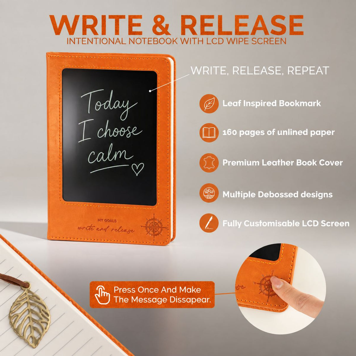 Orange intention notebook shown with its LCD screen and feature text