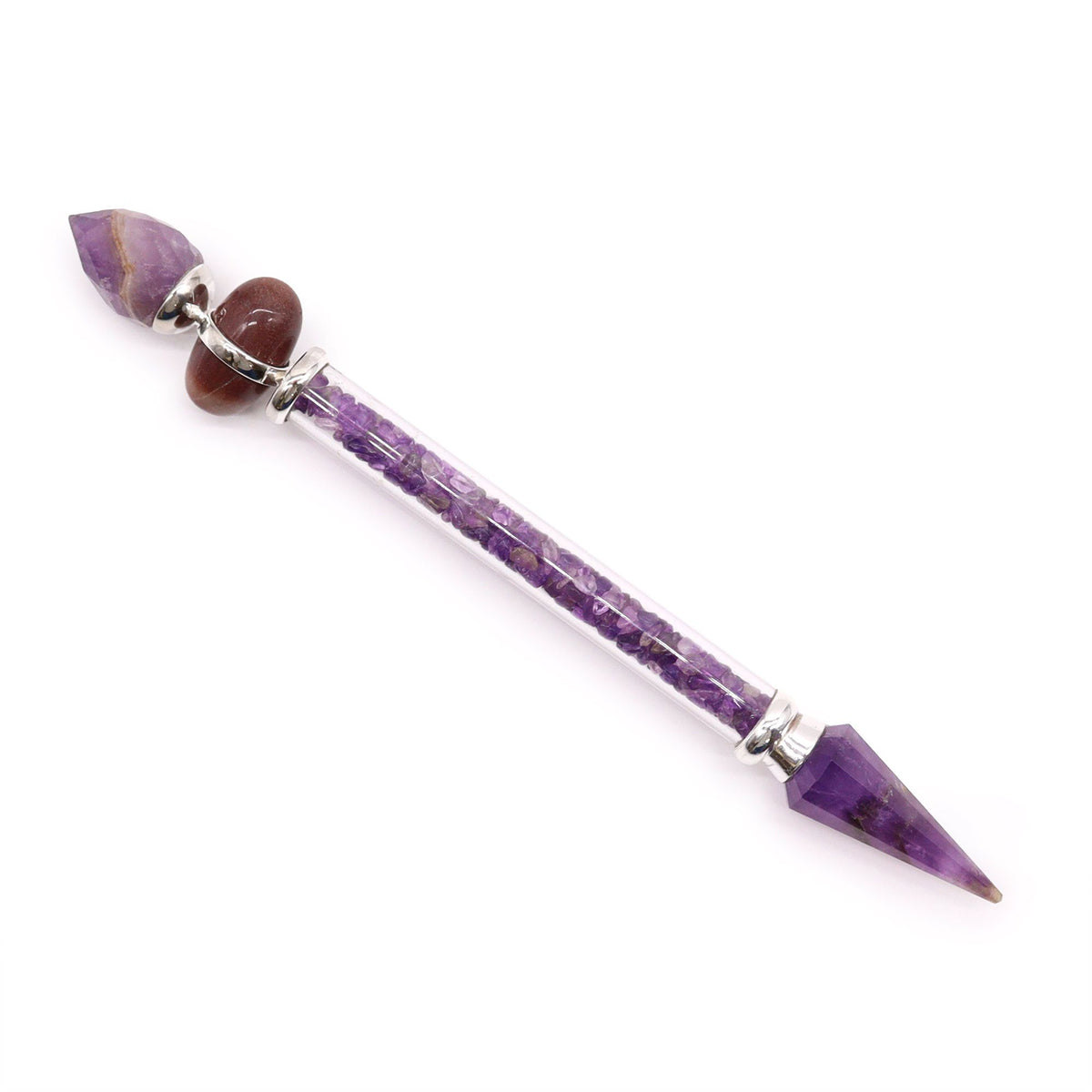 Shiva Lingam Magic Wand, Amethyst, Success, purple crystal wand with silver-tone fittings on white