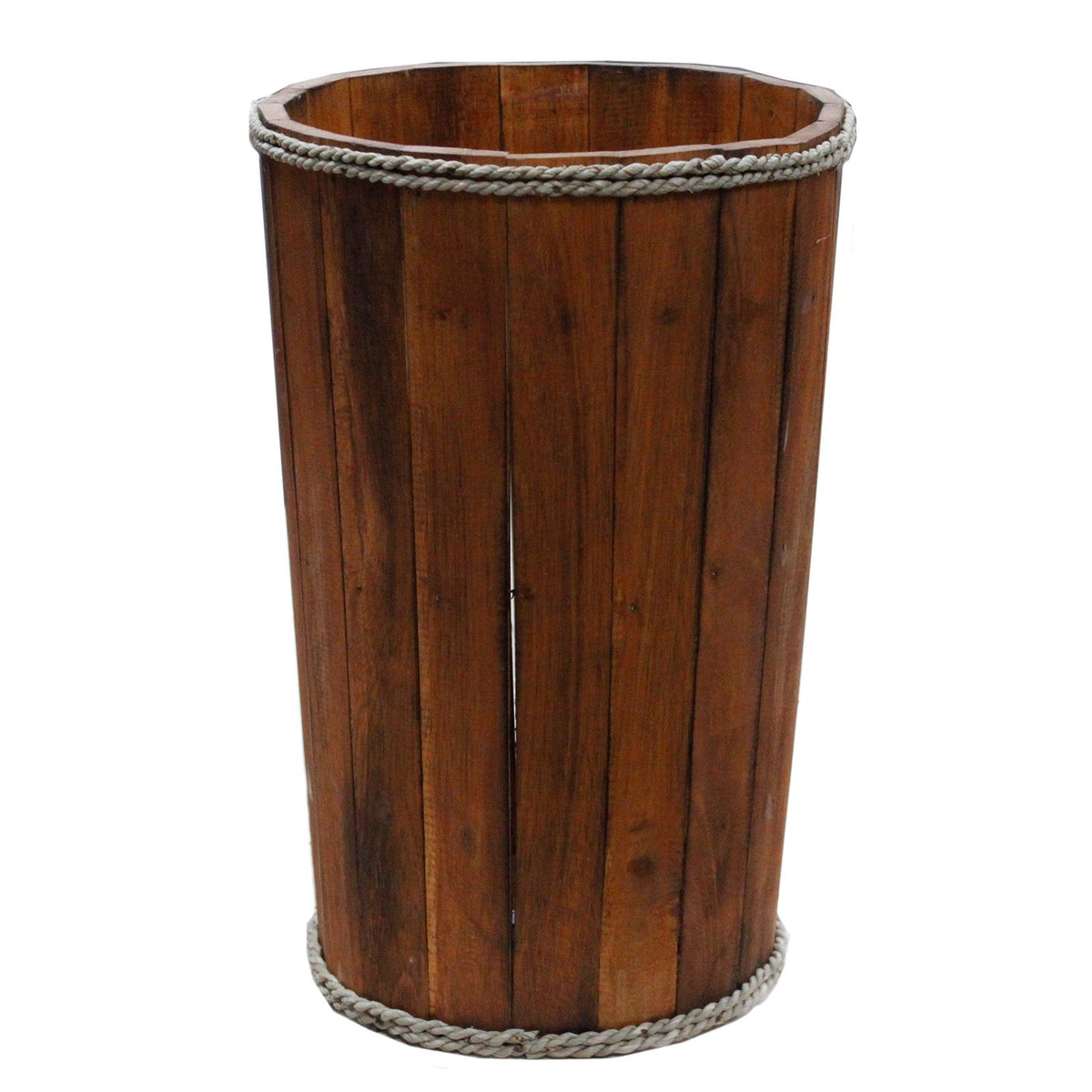 Brown wooden storage tub against a plain white background, viewed from the front with its open top visible