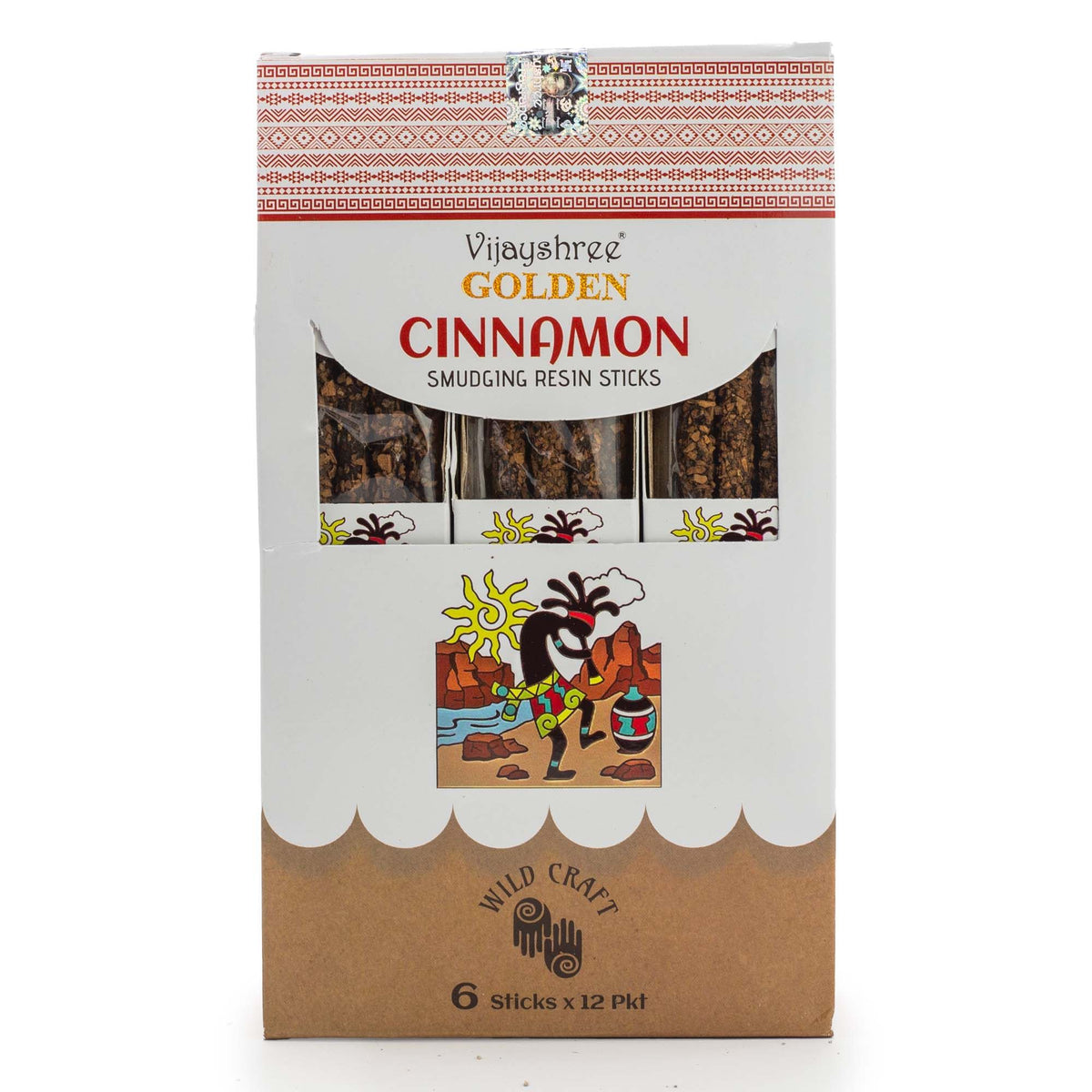Golden Cinnamon Smudging Resin Sticks, front of the upright white and brown box with red pattern