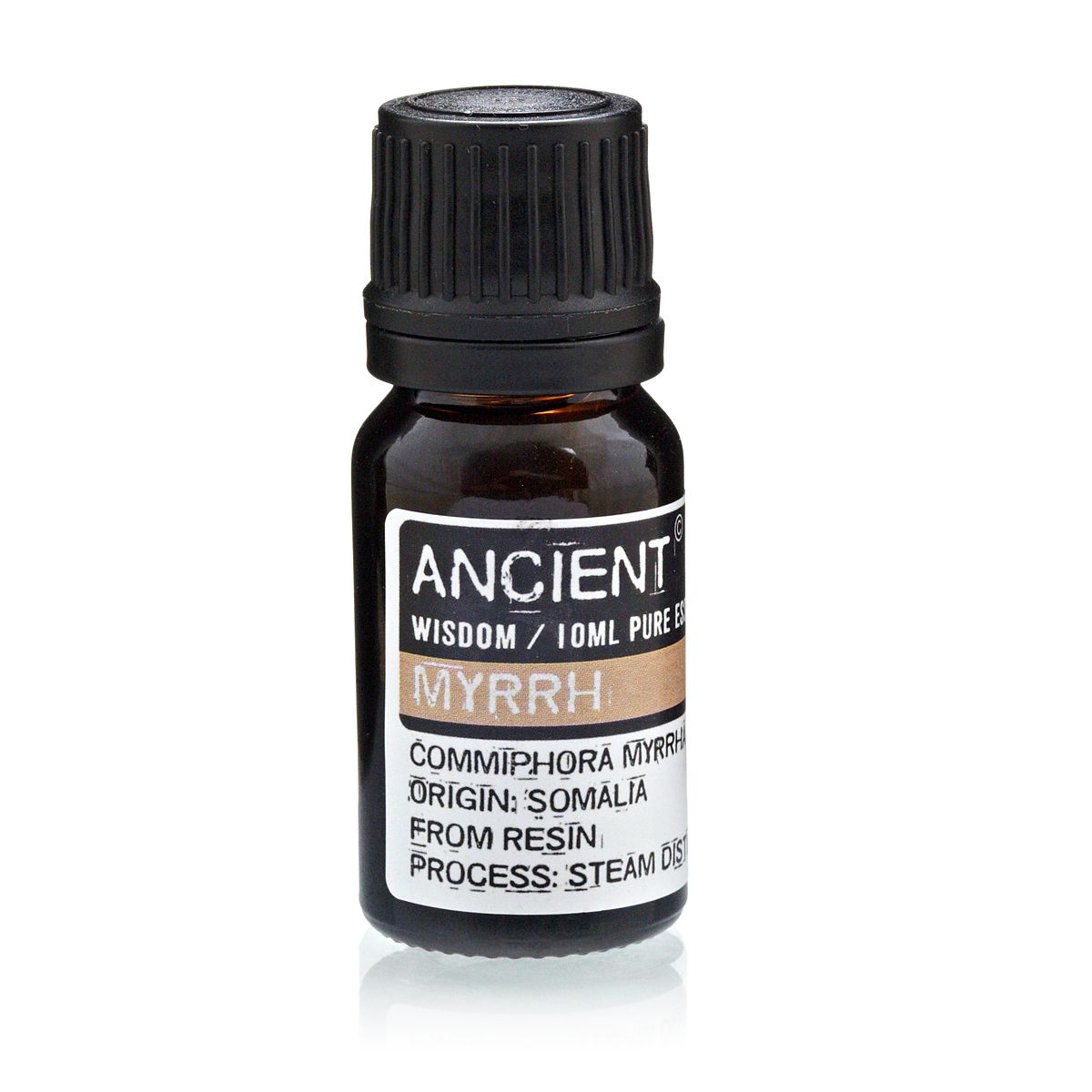 10 ml Myrrh Essential Oil in a dark glass bottle with a black cap, shown upright from the front