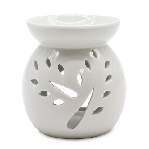 White ceramic oil burner, large size, with a branch and leaf cut-out design