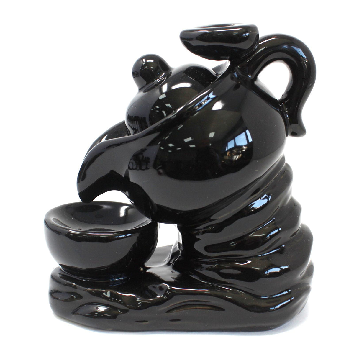 Backflow Incense Burner, Tea Pot, glossy black design shown from the front at an angle on white
