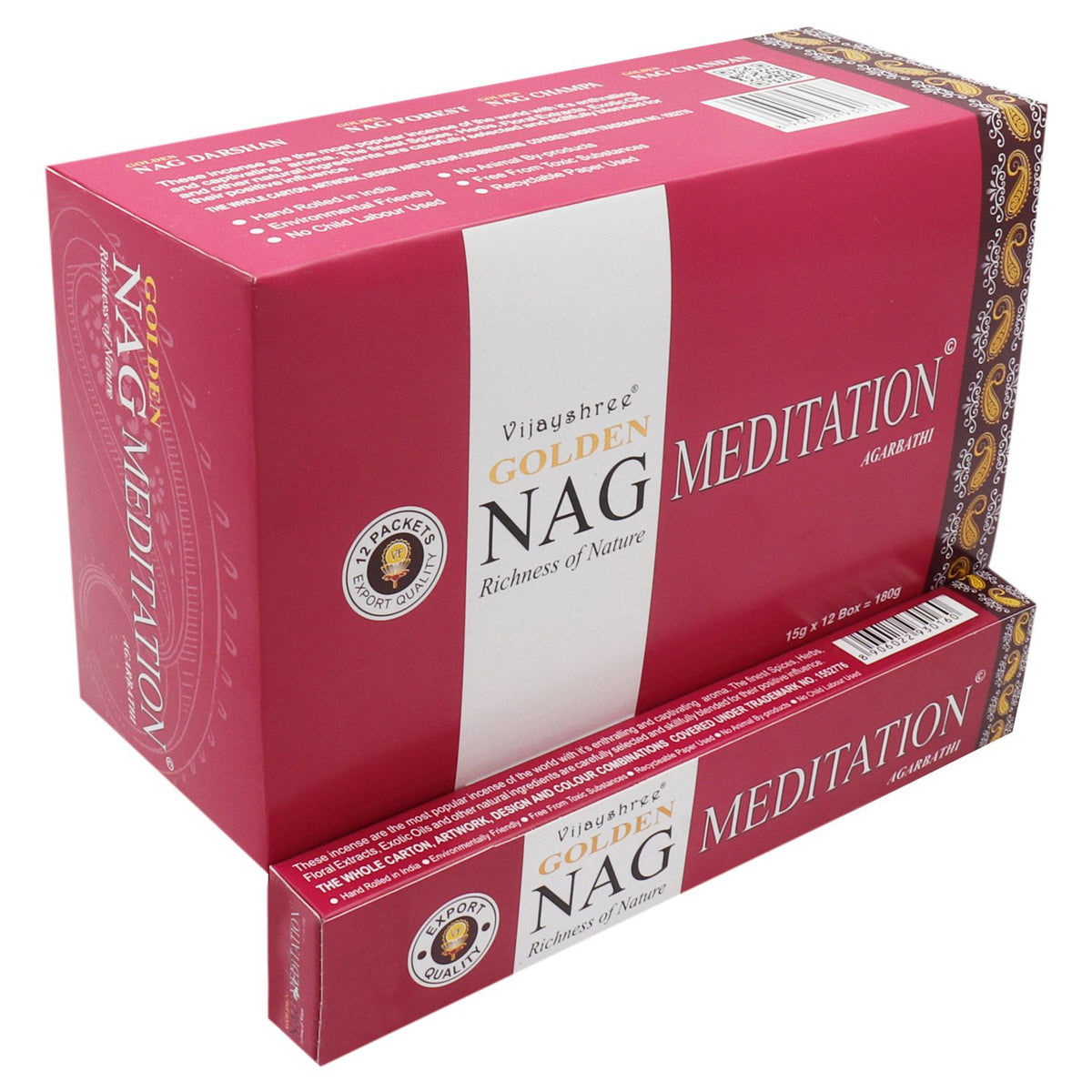 15g Golden Nag, Meditation Incense in a deep pink rectangular box, shown at an angle with a slim pack in front