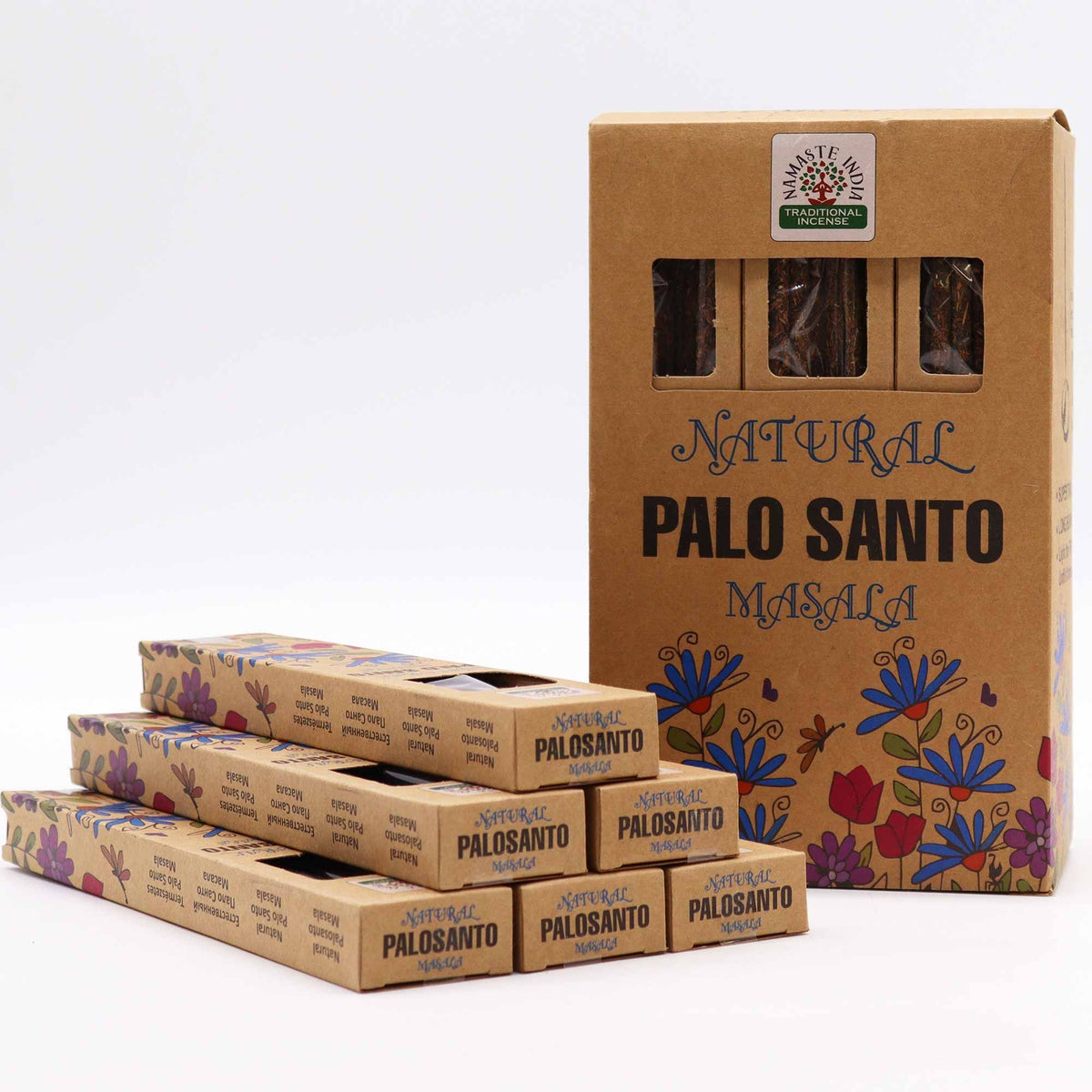 Natural Botanical Palo Santo incense box open beside two loose sticks and dried flowers