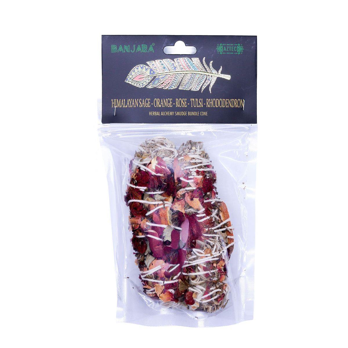 Banjara smudge bundle upright in clear packaging with a dark printed card against white
