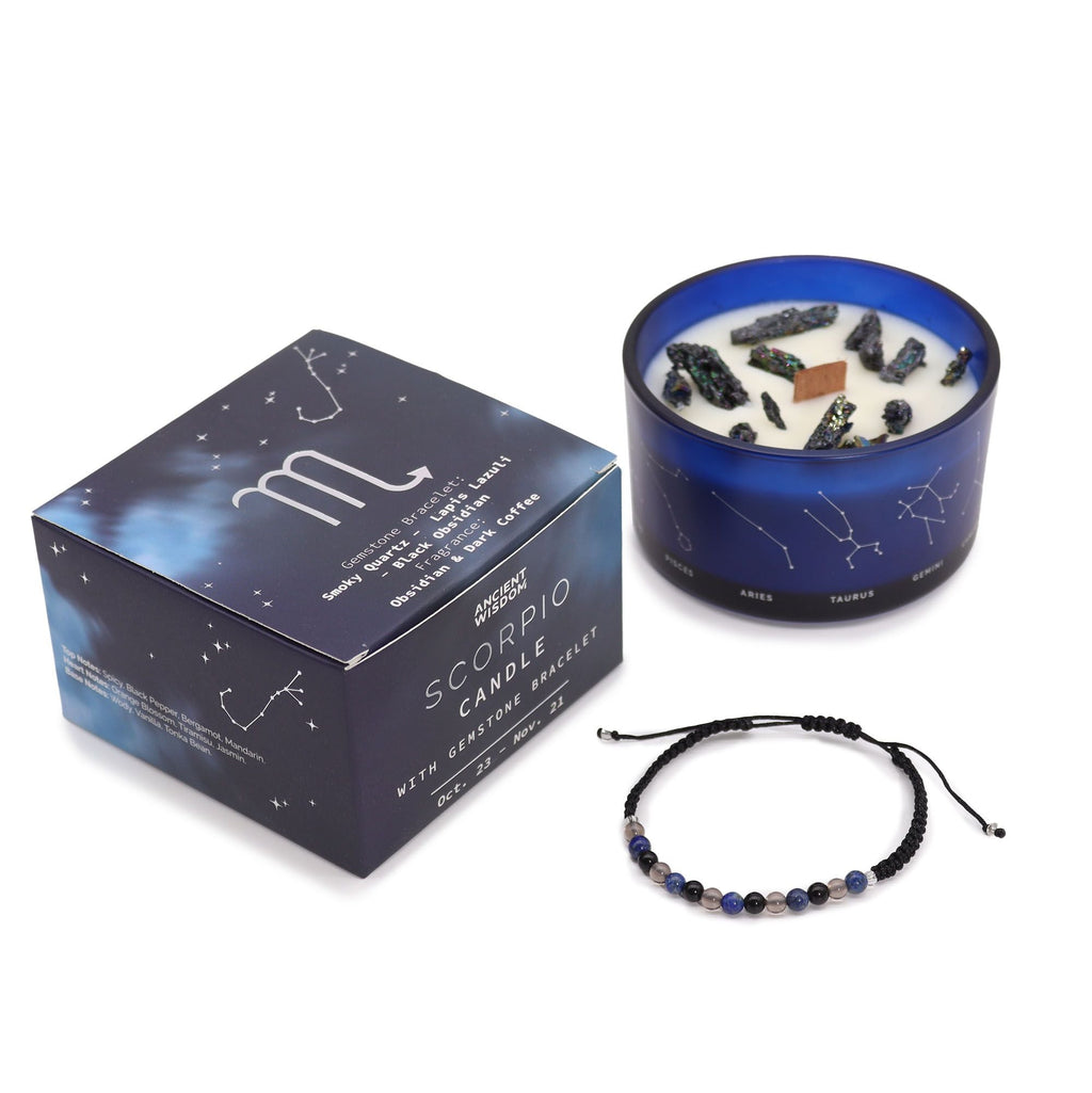 Scorpio zodiac crystal candle, gift box and gemstone bracelet side by side