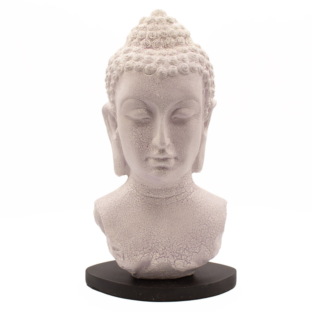 Buddha Bust Lamp Lavender Crackle, Oval Stand, front view unlit on a black oval base
