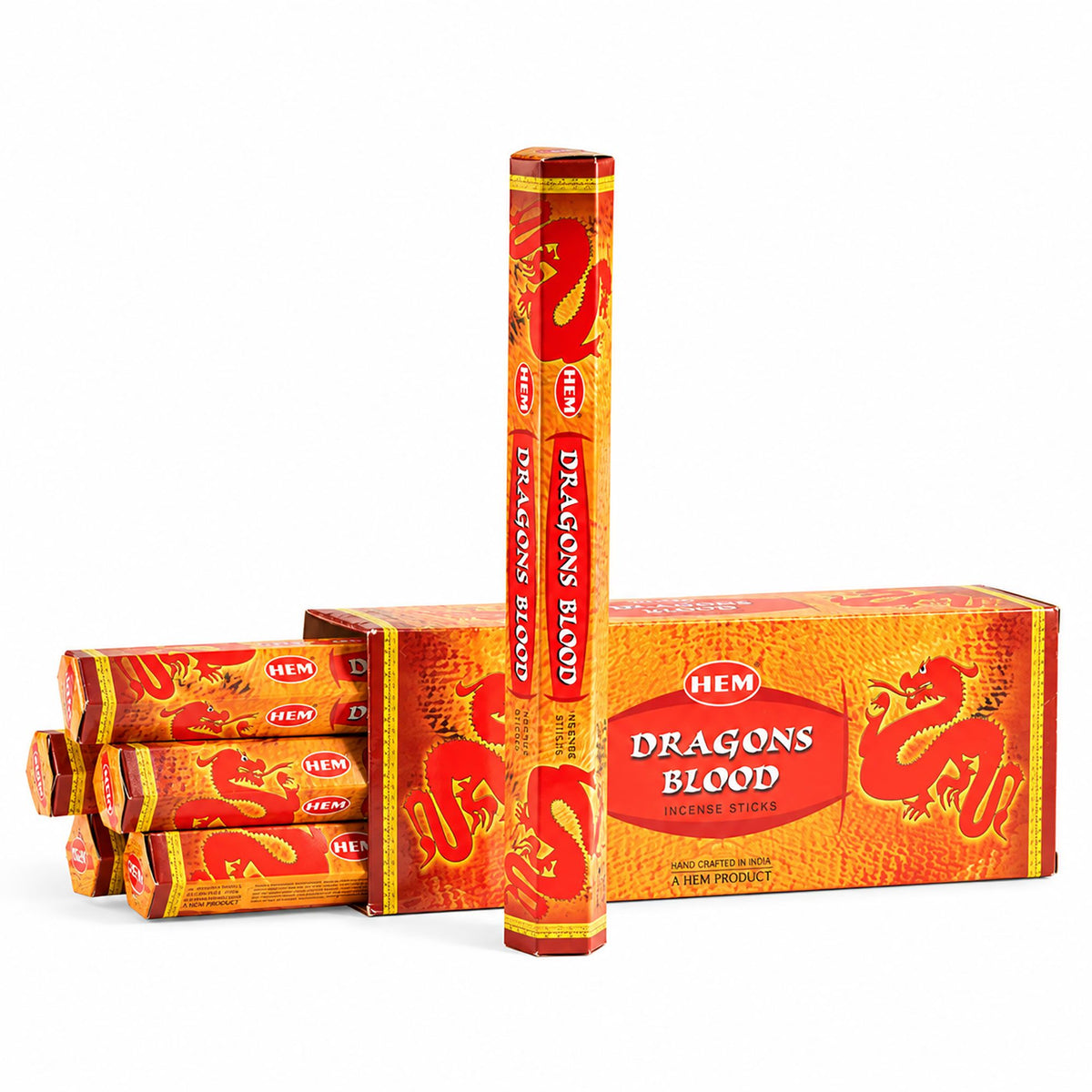 HEM Dragon's Blood incense pack standing in front of its outer box, with more packs beside it