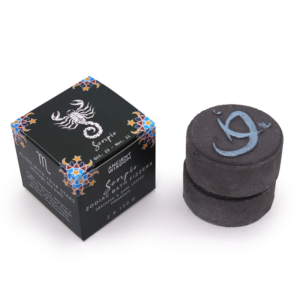 Scorpio zodiac bath fizzer, black, next to its black gift box with scorpion artwork