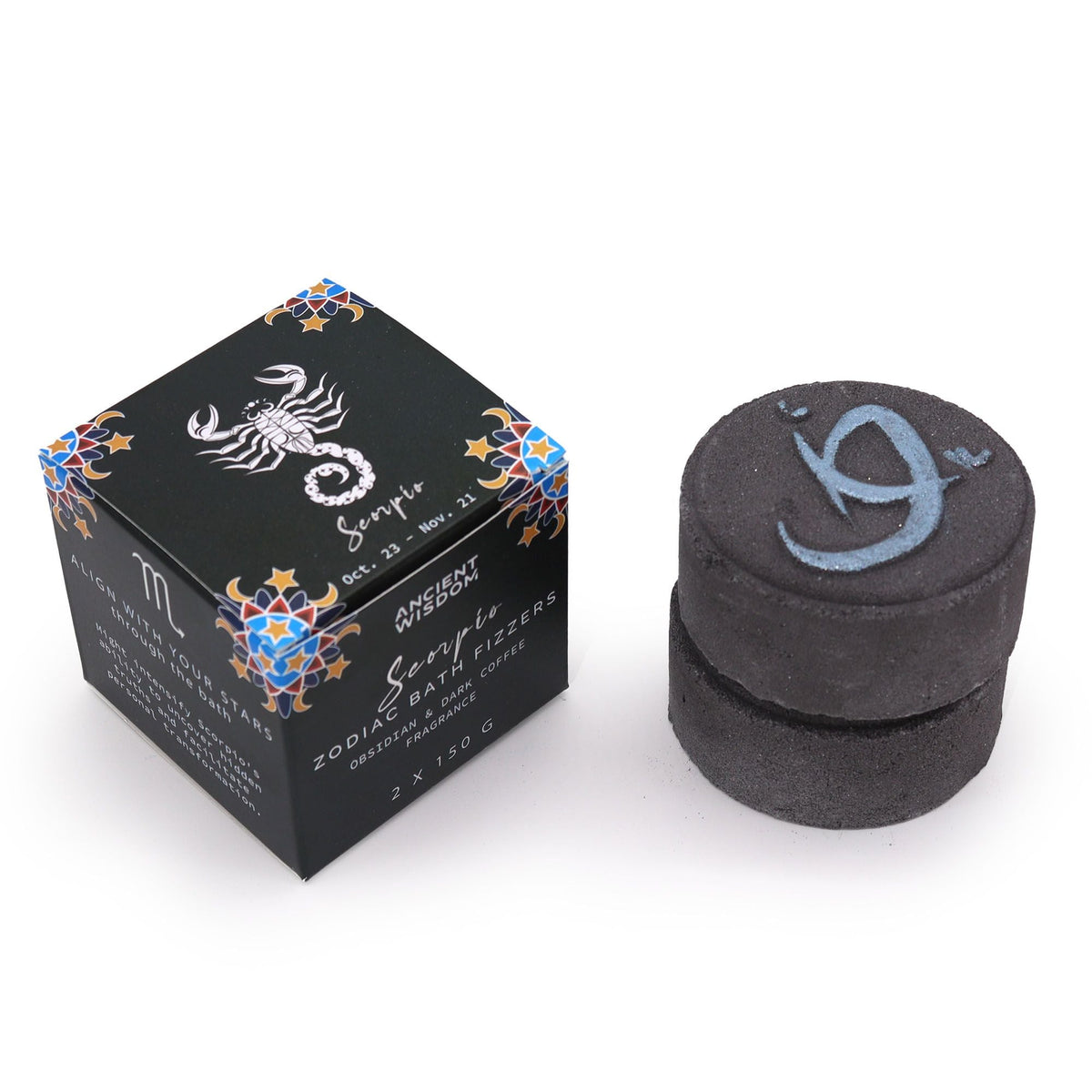 Scorpio zodiac bath fizzer, black, next to its black gift box with scorpion artwork