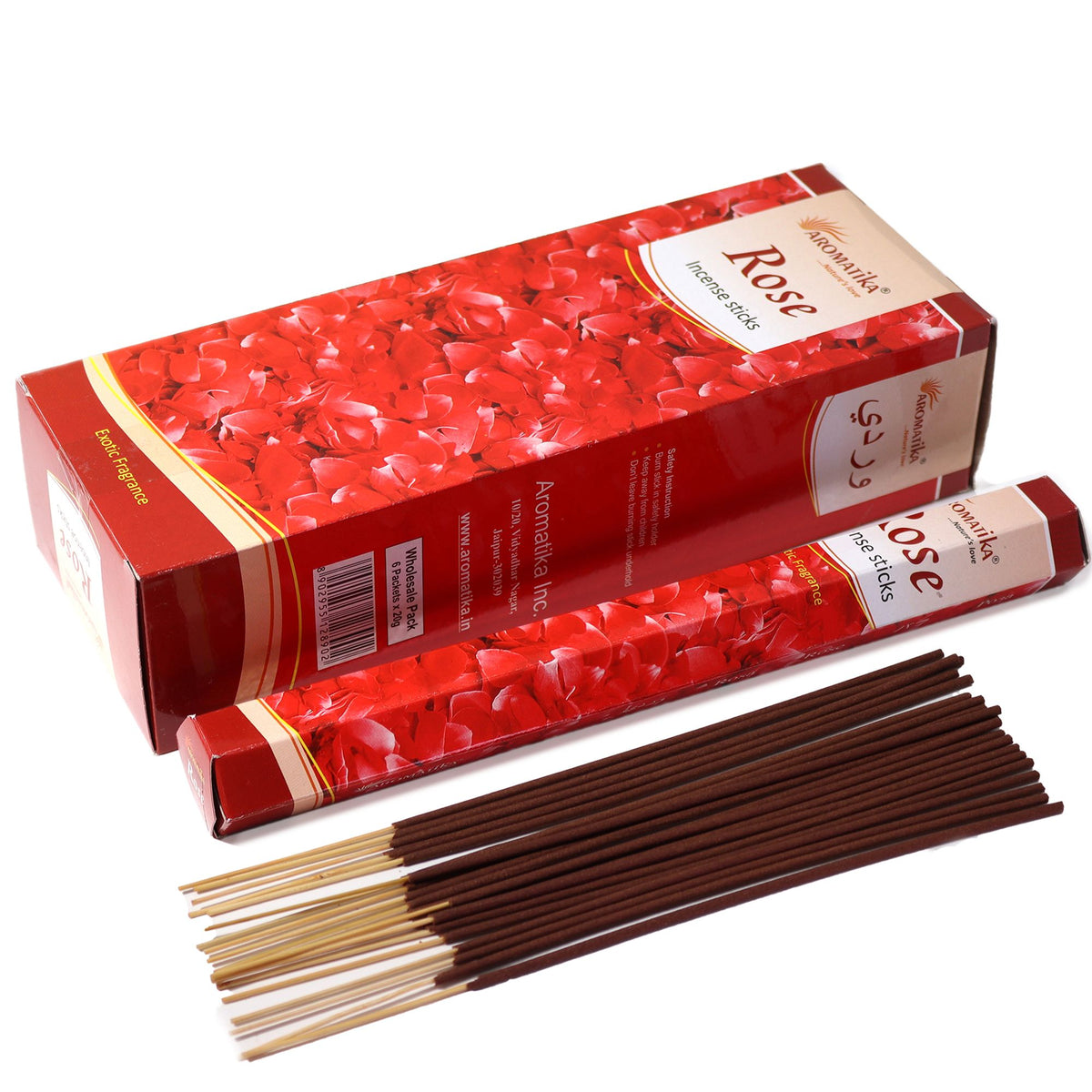 Aromatika Charcoal Free Hex Incense, Rose, red boxes with rose petal print and loose brown sticks
