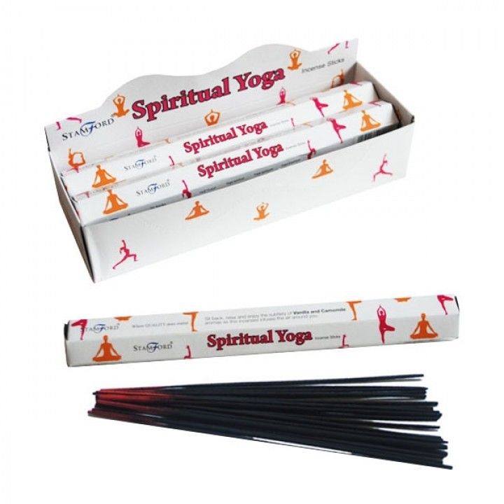 Spiritual Yoga Premium Incense in a white illustrated box, with a matching stick packet and loose dark incense sticks