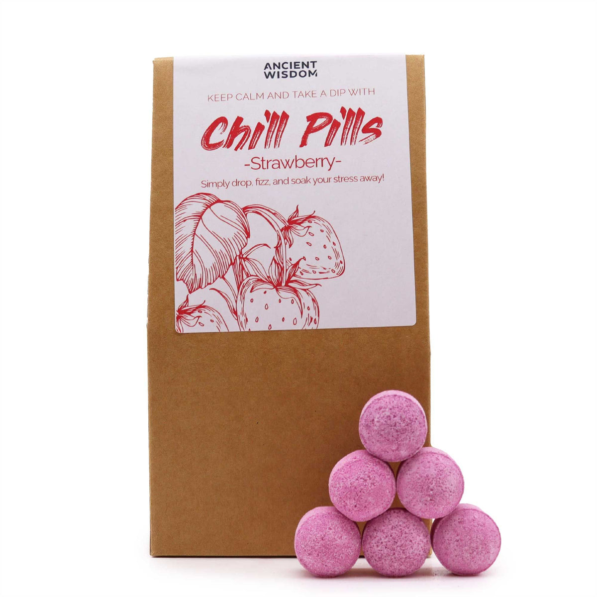 Chill Pills Gift Pack 350g, Strawberry, brown box with a white label and pink pills displayed in front