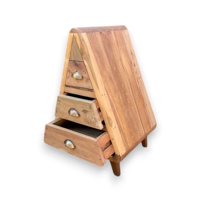 Triangle decoration storage in warm-toned wood, three drawers pulled open against a plain white background