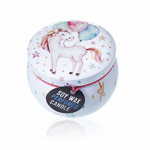 Closed pale blue candle tin with a unicorn and balloons pictured on its lid