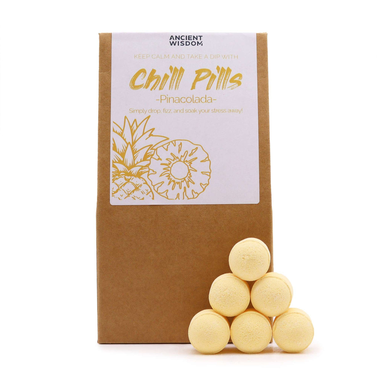 Chill Pills Gift Pack 350g, Pinacolada, front of a brown box with a pale label and yellow pills