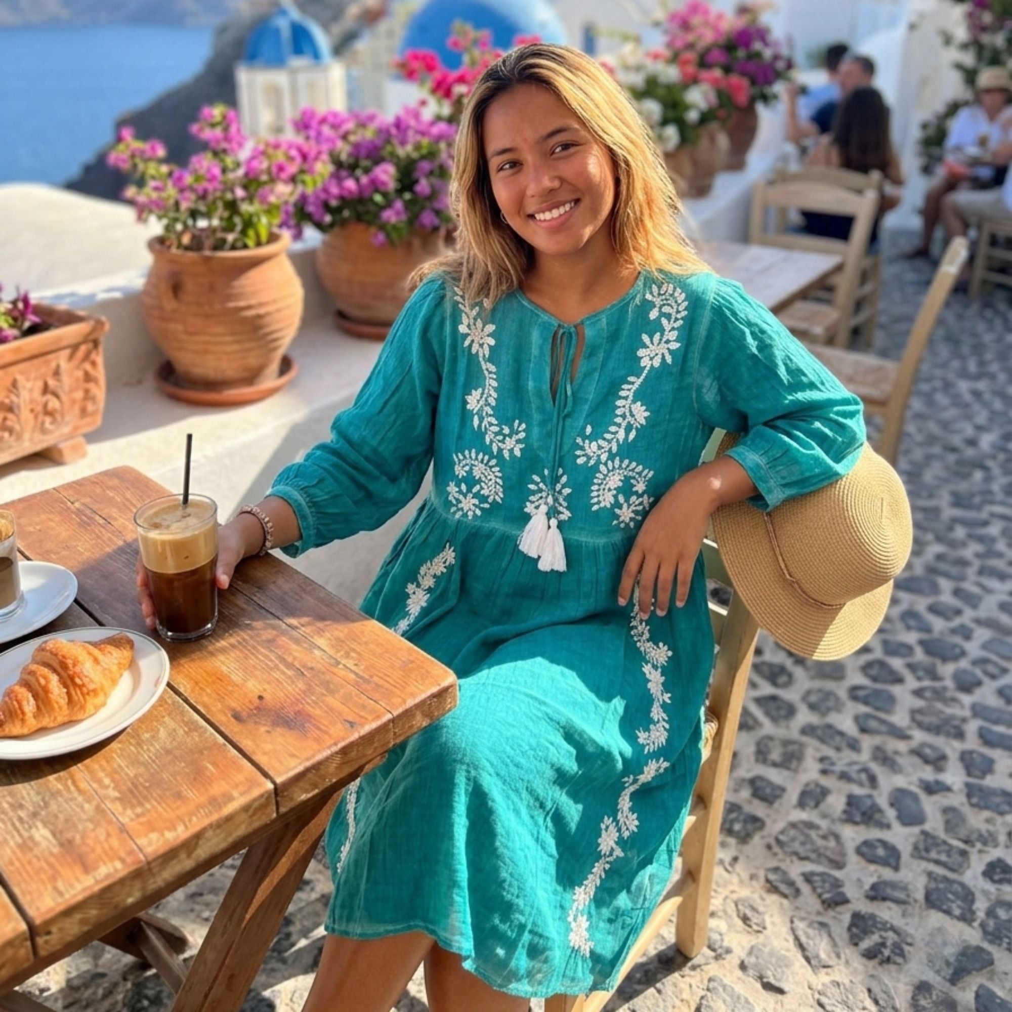 Nomad Sari On the Med Collection - Dress -  Turquoise with Embroidery & Tassel (M-L)