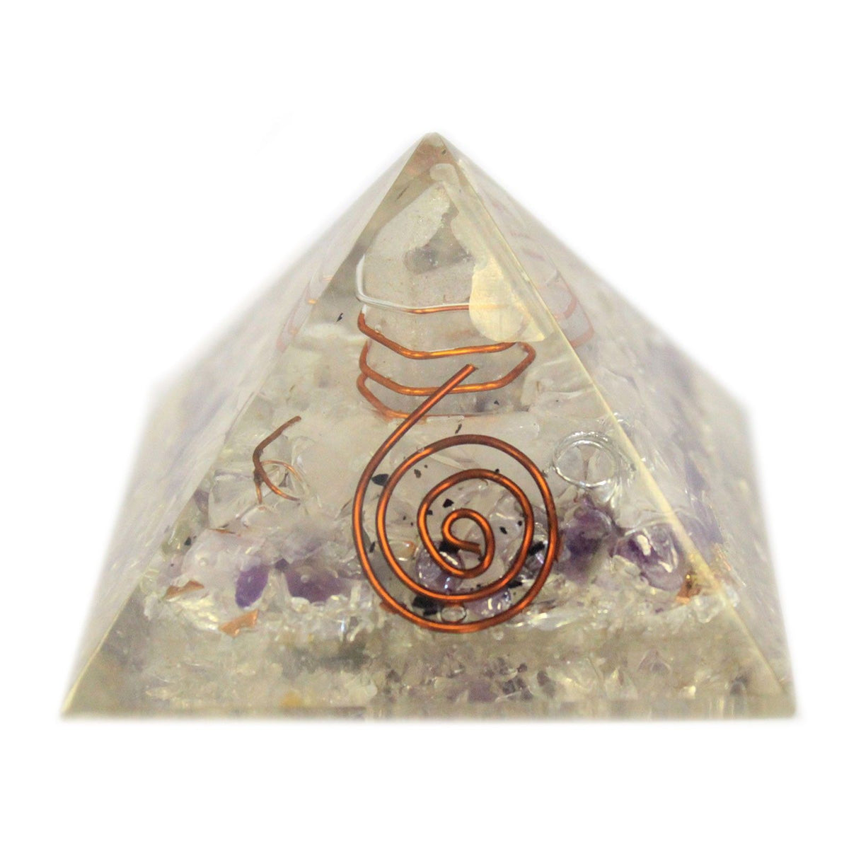 Orgonite pyramid close-up showing copper spiral and wire among clear and purple gemchips