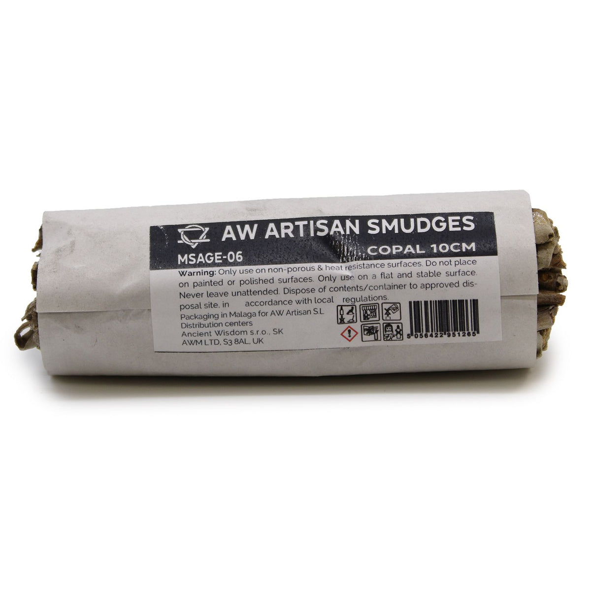 Smudge Stick, Copal 10cm wrapped in white paper with a black product label, shown from the side