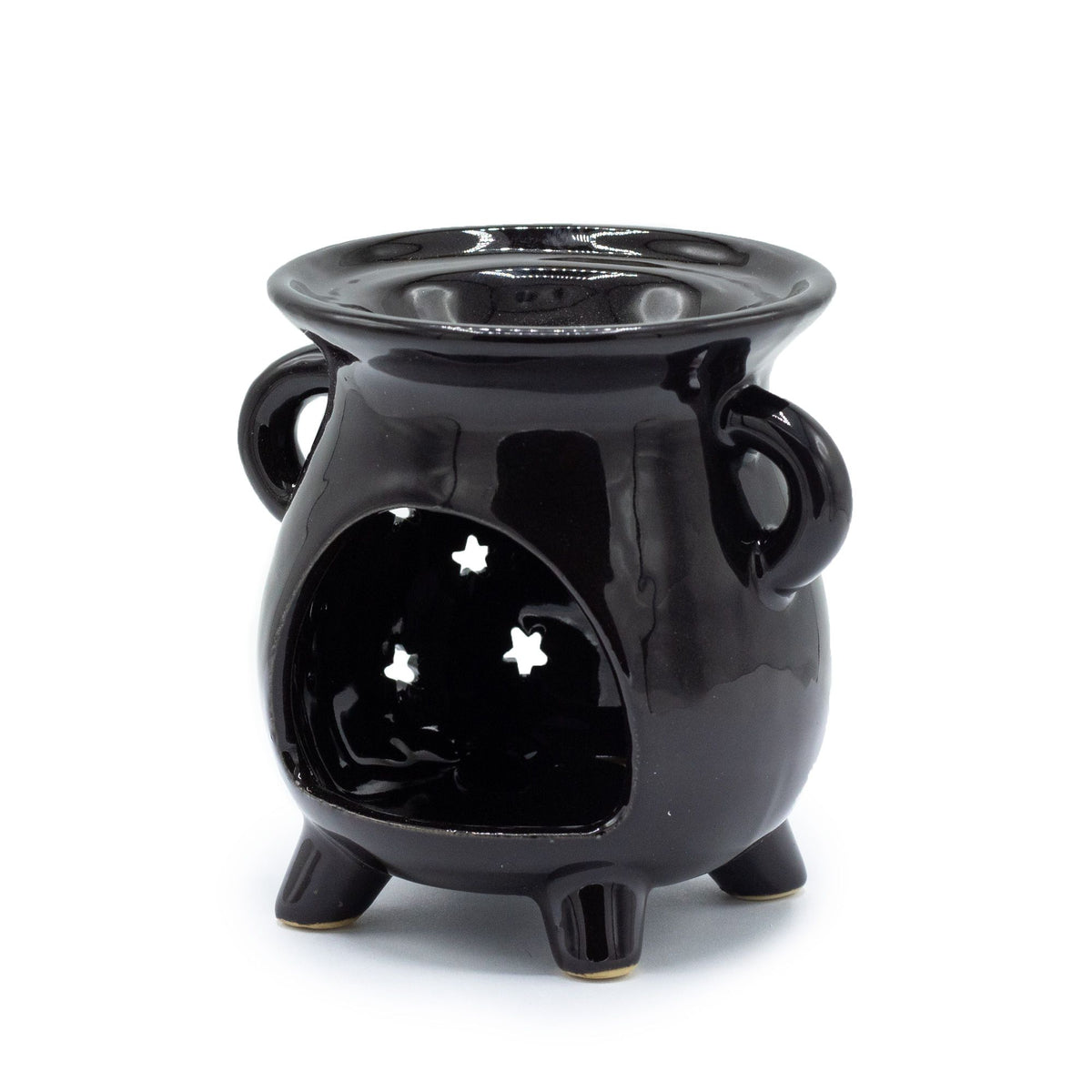Cauldron Oil Burner, Moon & Stars, Black, glossy black cauldron with handles, feet and star-shaped openings