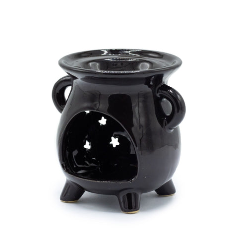 Cauldron Oil Burner, Moon & Stars, Black, glossy black cauldron with handles, feet and star-shaped openings
