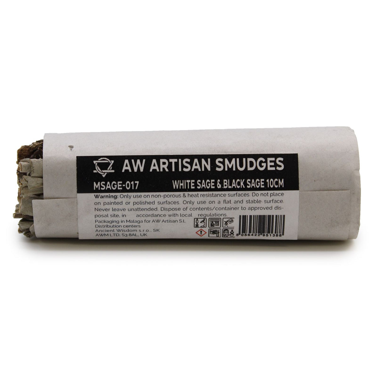 Smudge Stick, White Sage & Black Sage 10cm in a white paper wrapper with a printed label