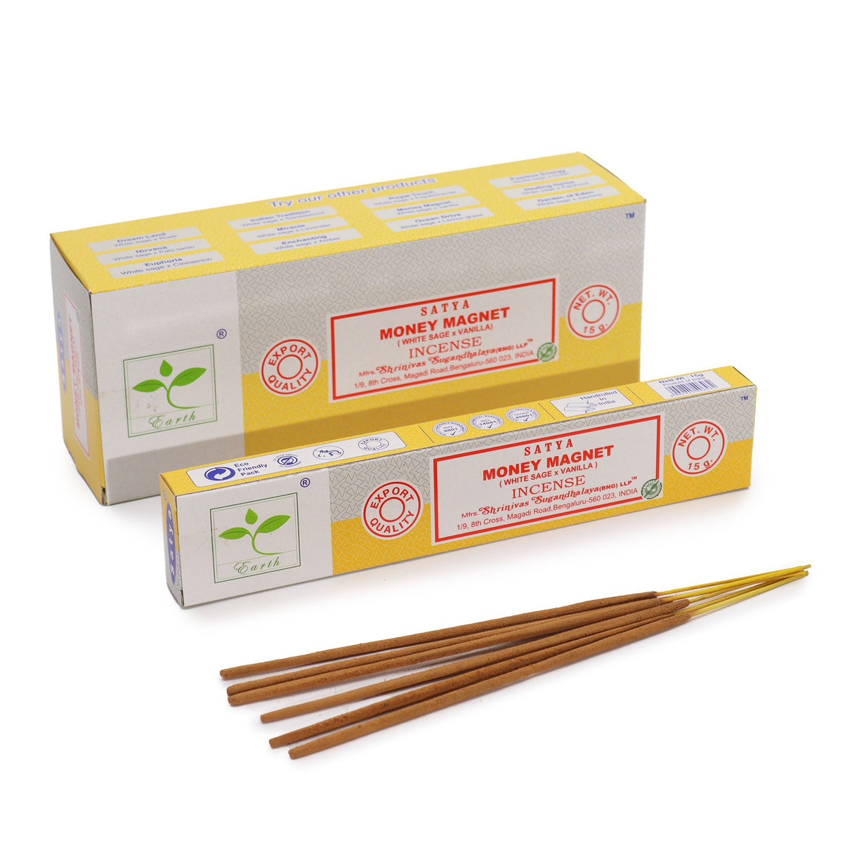 Satya Incense 15gm, Money Magnet (White Sage & Vanilla), two yellow and grey boxes with loose brown sticks