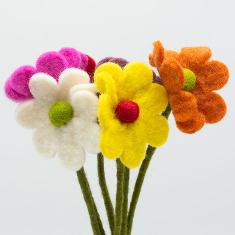 Felt Flowers, Daisy (assorted colours), close-up of pink, white, yellow and orange flowers on green stems
