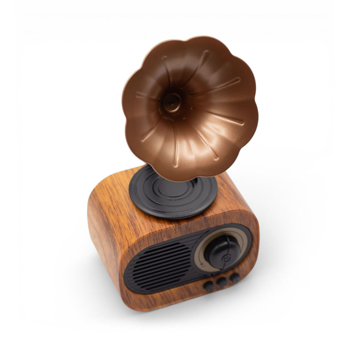 Wood-effect gramophone speaker viewed from above at an angle, with its horn raised