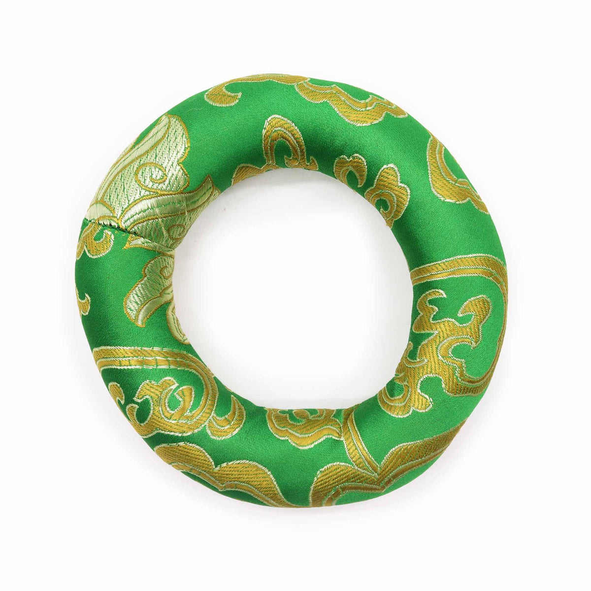 Hoop Cushion 10cm (for 12-14cm Singing Bowl), Green, round cushion with gold pattern, viewed from above