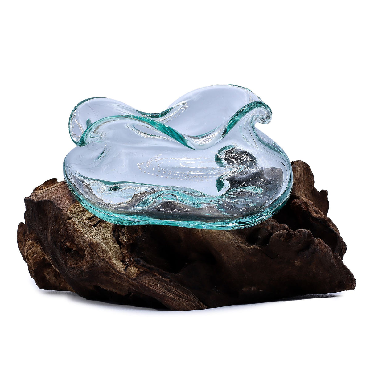 Molten Glass Wavy Bowl on Wood 18cm, clear glass bowl with turquoise edges on a dark wood base