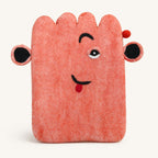 Front view of the pink pouch and its winking face