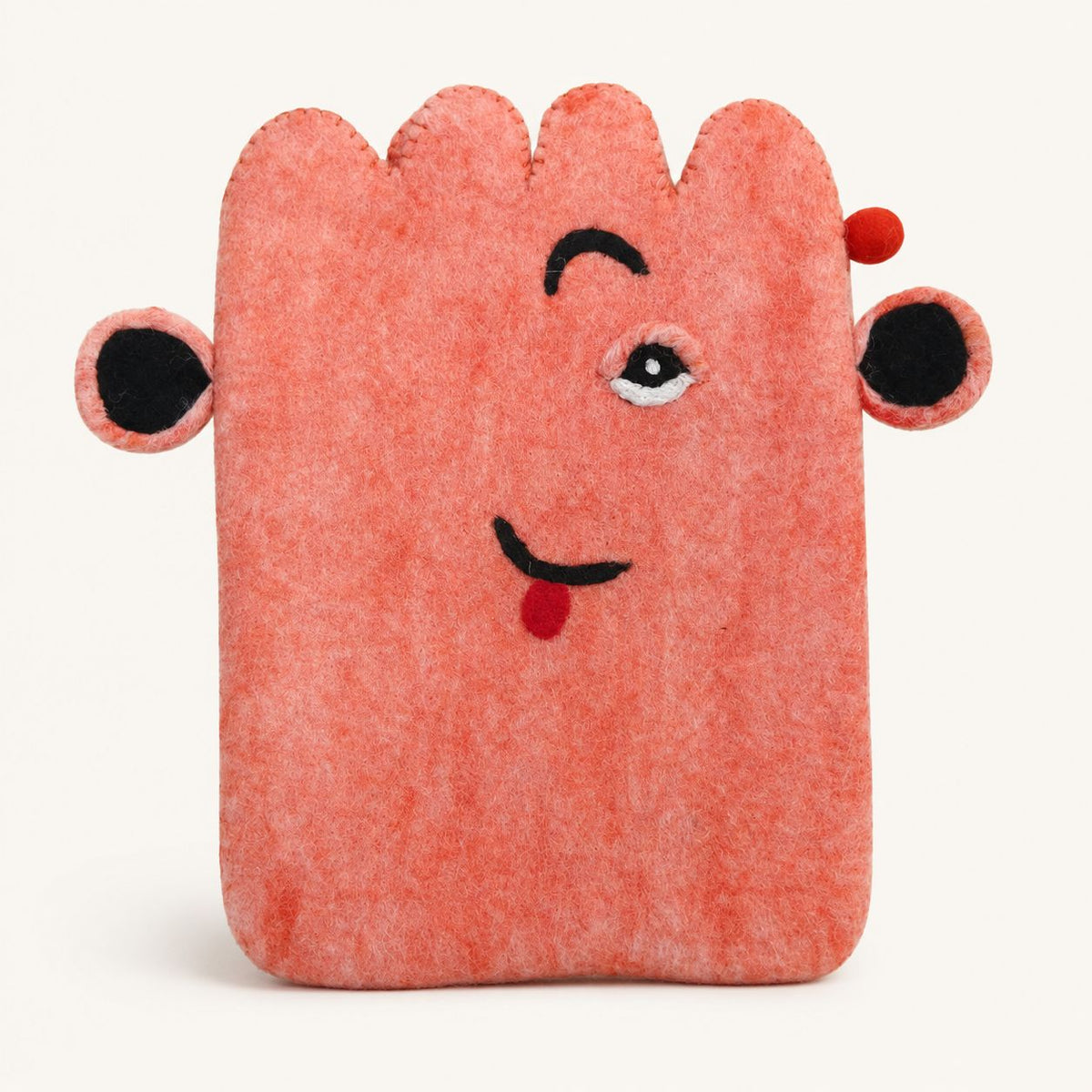 Front view of the pink pouch and its winking face
