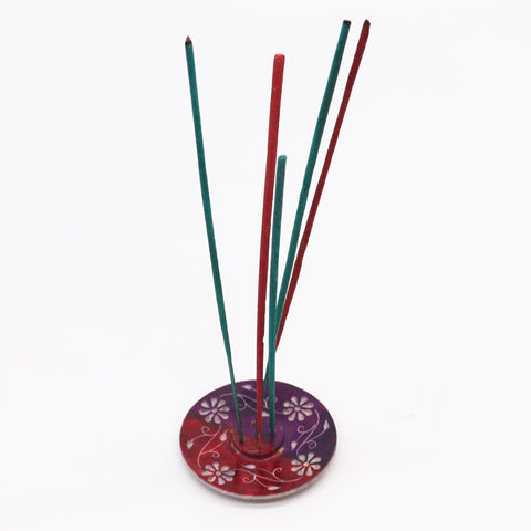 Soapstone Disc Incense Holder, Floral with five coloured incense sticks, shown upright on a white background