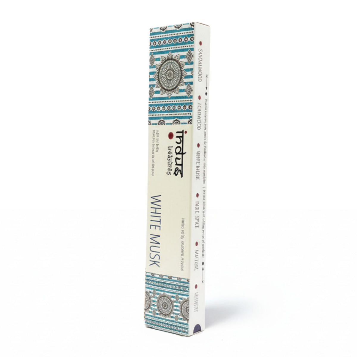 Indus Treasures White Musk incense sticks in a cream and turquoise patterned box, upright front view