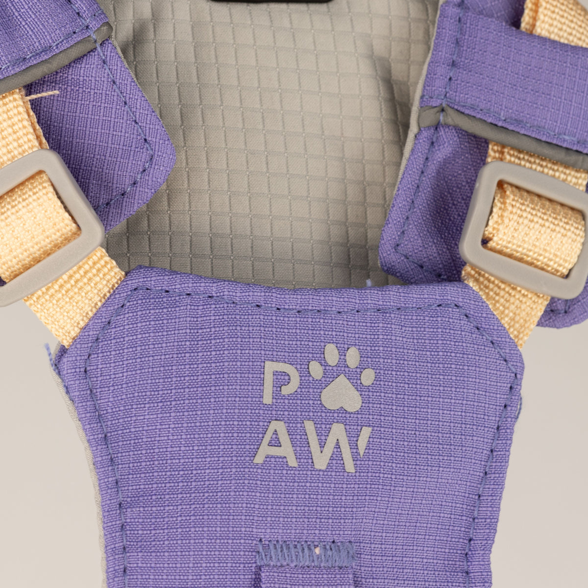 Close-up of the lavender harness front and reflective detail