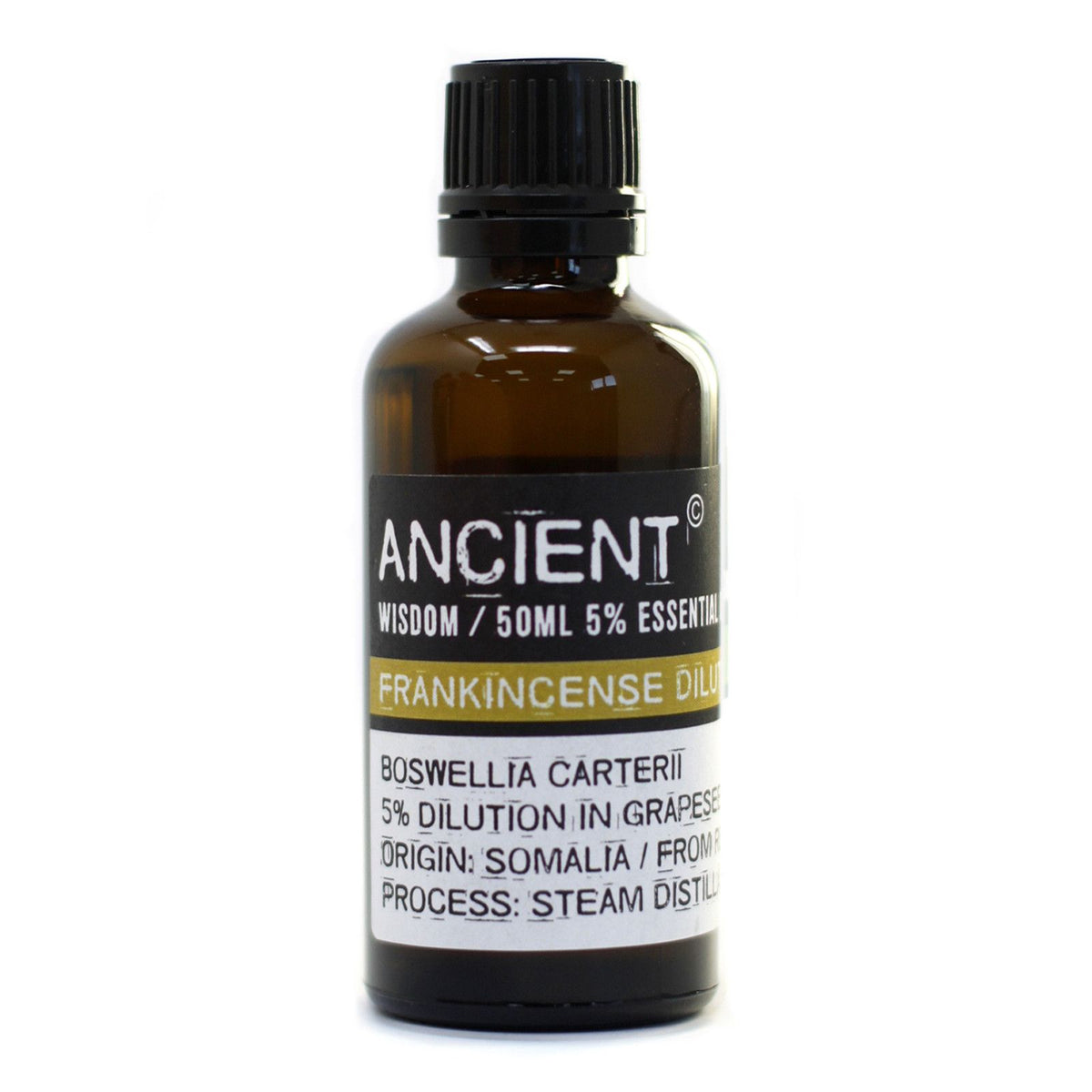 Frankincense (Dilute) 50ml in a single amber bottle, shown upright from the front against white