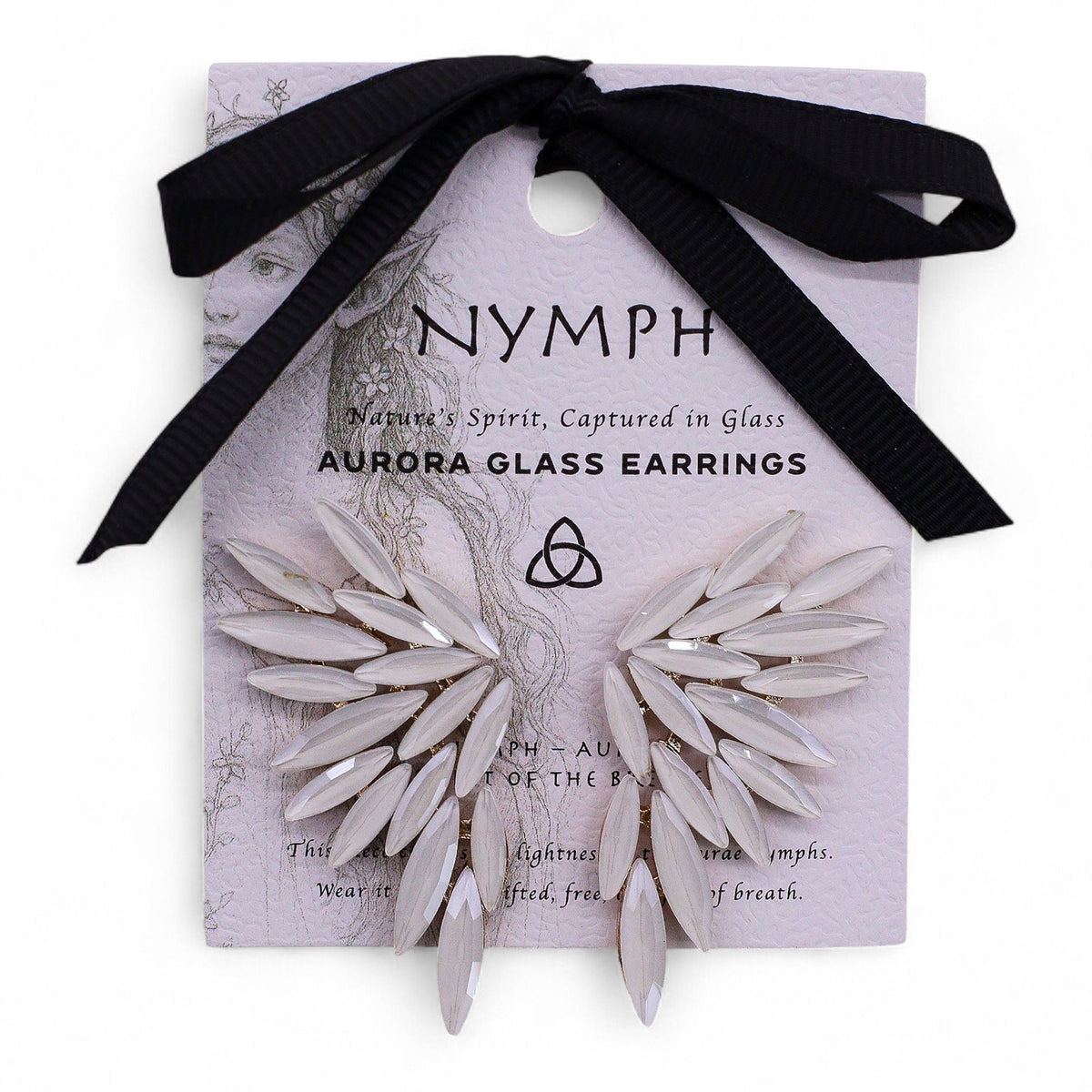 Pearl, Vintage Glass, Angel Wings, Earrings displayed as a pair on a lilac card with black ribbon