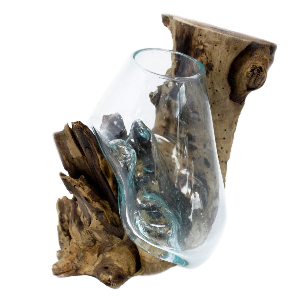 Hanging bowl in clear glass on a rugged wood backing, shown close up from the front
