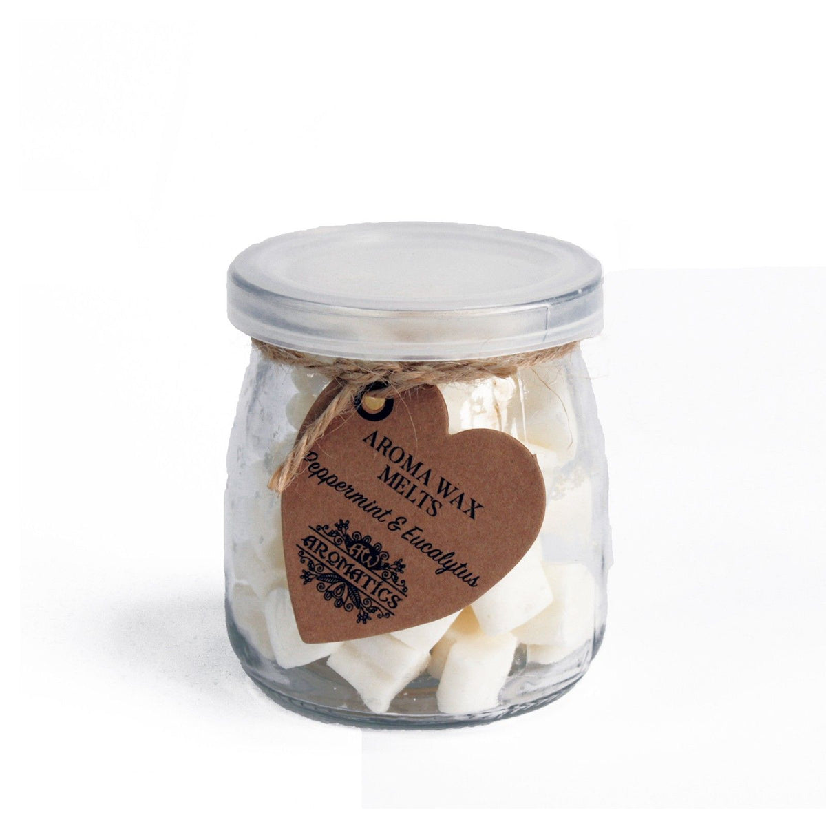 Peppermint and eucalyptus wax melts in a clear jar, front view against a white background