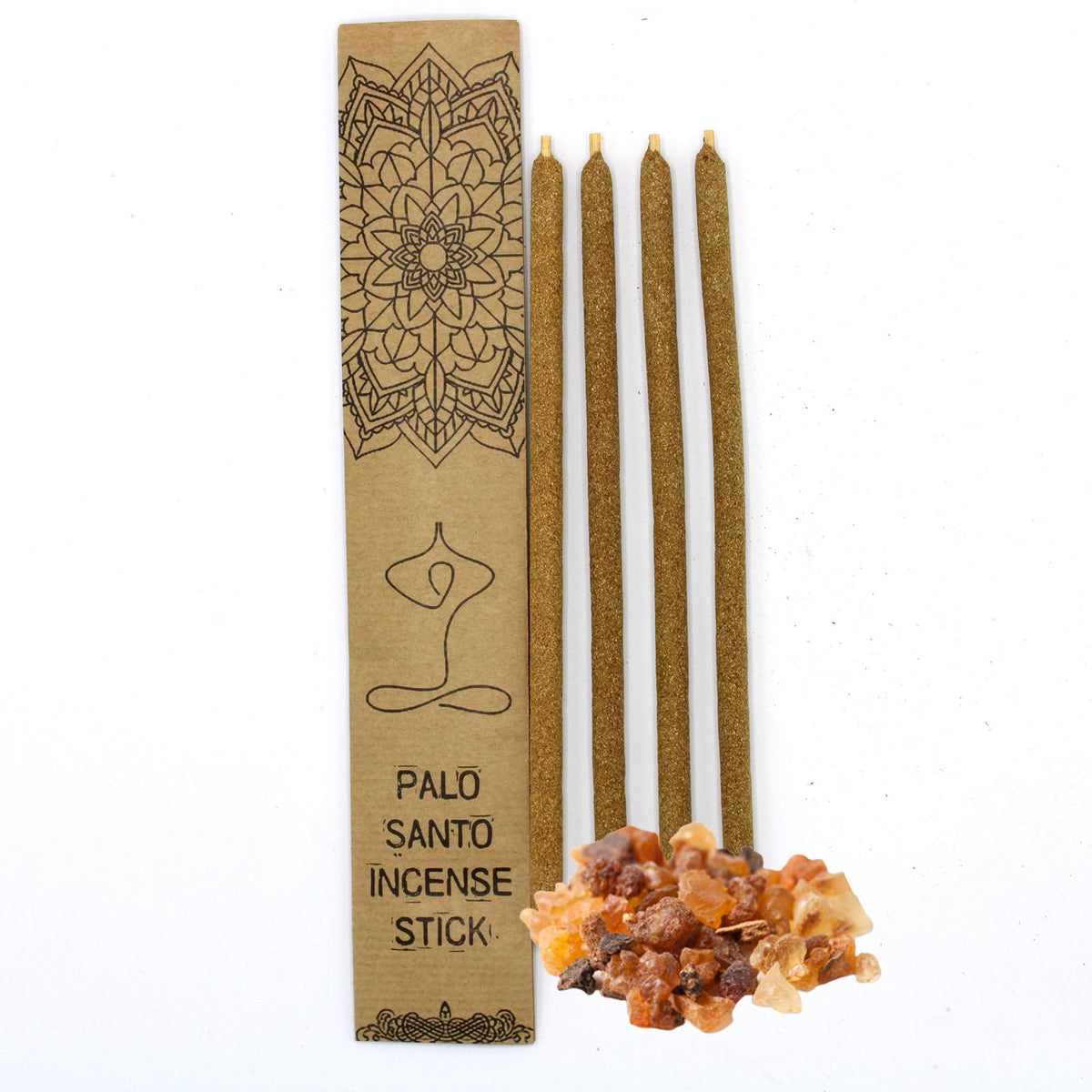 Palo Santo Large Incense Sticks, Myrrh, four brown sticks beside a patterned cardboard sleeve and resin pieces
