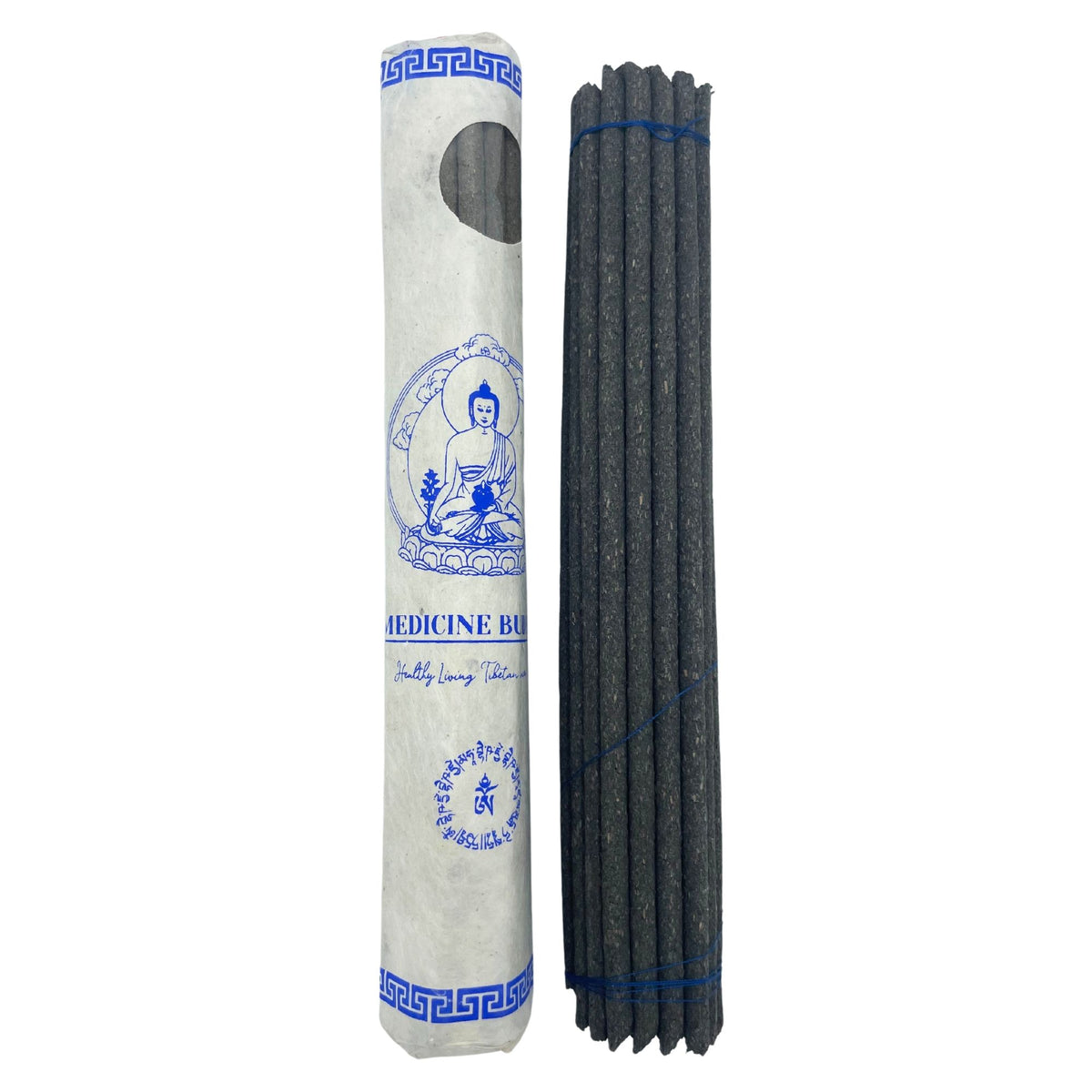 Rolled Pack of 30 Premium Tibetan Incense, Medicine Buddha, pale wrap and dark sticks shown upright