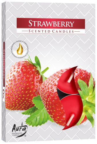 Set of 6 Scented Tealights, Strawberry, front of a grey patterned box with strawberries and red tealights