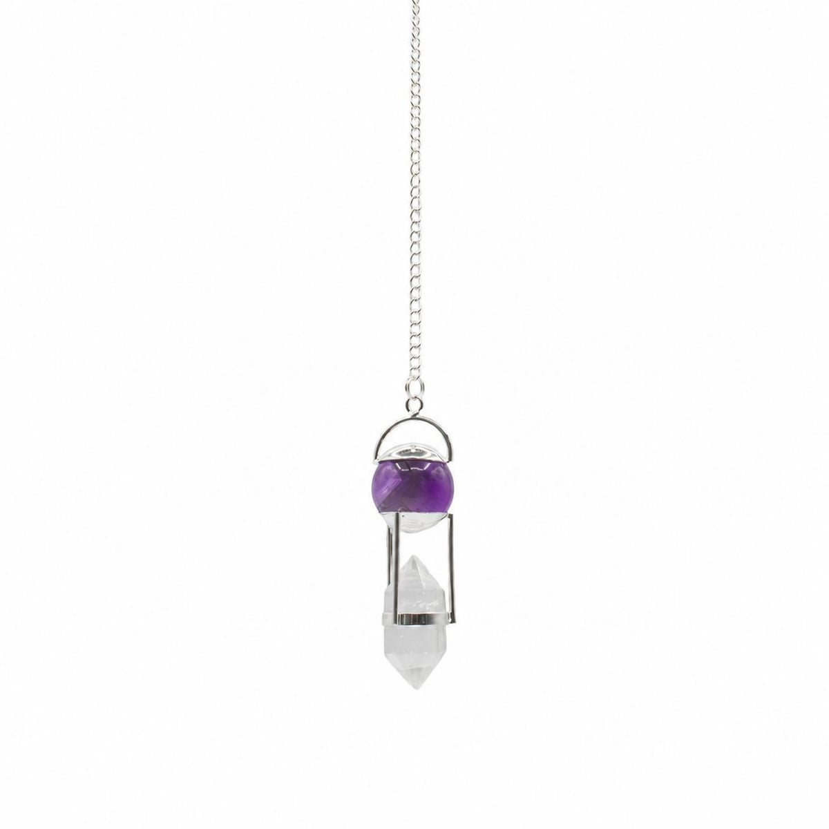 Seeker of Truth pendulum hanging alone against white, with a purple globe and clear double point